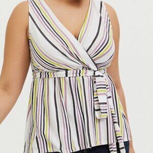Torrid Top Multi Stripe Crepe Faux Wrap Babydoll Tank Size 1X (14/16)